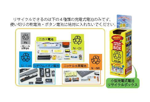 リサイクルマークが付いている小型充電式電池はリサイクル協力店の回収ボックスにお出しください。