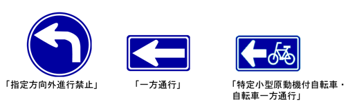 イラスト：道路標識「指定方向外進行禁止」「一方通行」「特定小型原動機付自転車・自転車一方通行」