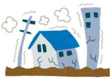 イラスト：地震で震える建物と電柱