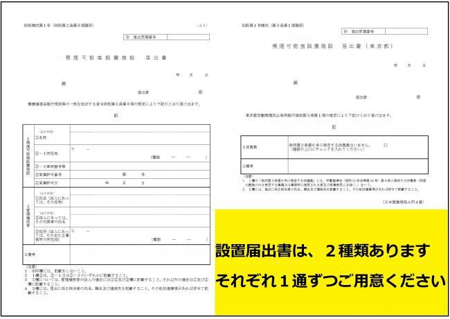 写真:喫煙可能室設置施設届出書 設置届出書は、2種類あります。それぞれ1通ずつご用意ください