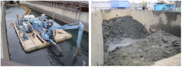 写真：河床の堆積土を引き上げる状況・回収した堆積土