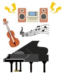 イラスト:楽器・音響機器からの音には注意を