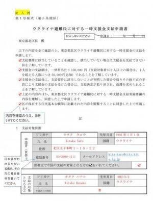 写真：【記入例】ウクライナ避難民に対する一時支援金支給申請書　表