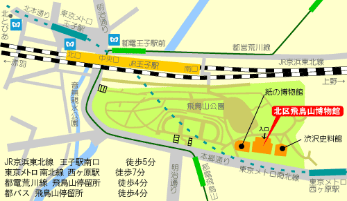 博物館地図です。詳細は電話(03-3916-1133)にてお問合せください。飛鳥山公園内。JR京浜東北線王子駅南口徒歩5分。地下鉄(東京メトロ)南北線西ケ原駅徒歩7分。都電荒川線飛鳥山停留所徒歩4分。
