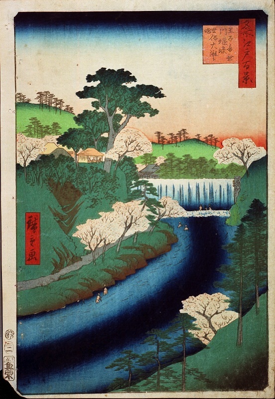 イラスト：名所江戸百景　王子音無川堰埭世俗大瀧ト唱